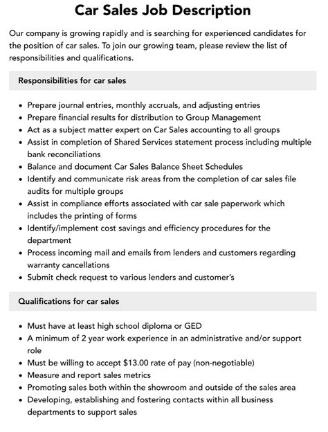 Car Sales Executive Job Description Job Description of