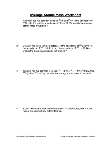 average atomic mass worksheet quizlet