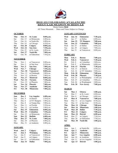 avs regular season schedule