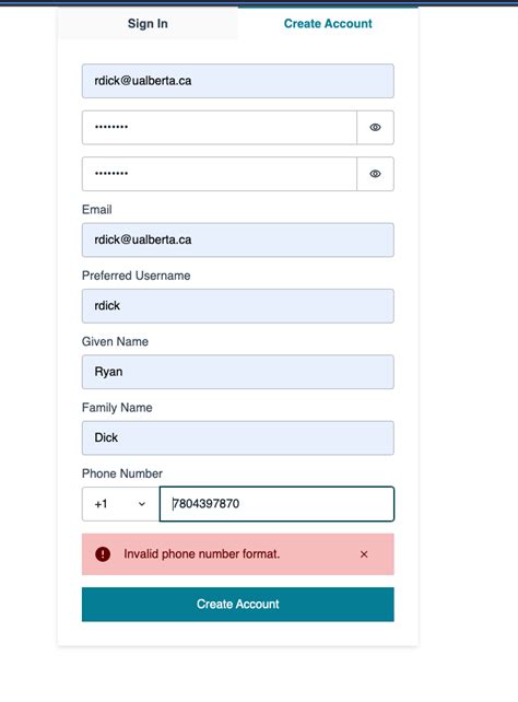 aws cognito invalid phone number format