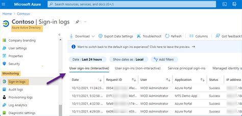 azure portal sign in reports