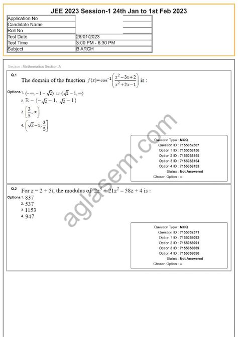 b arch jee mains paper 2023