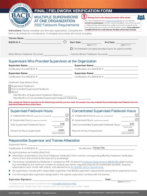 Free Fieldwork Verification Form BACB Multiple Supervisors PrintFriendly