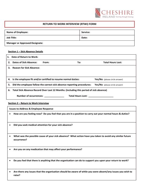 back to work interview form template