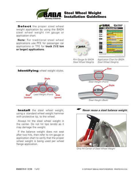 Bada Wheel Weight Application Chart