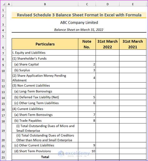balance sheet schedule format in excel