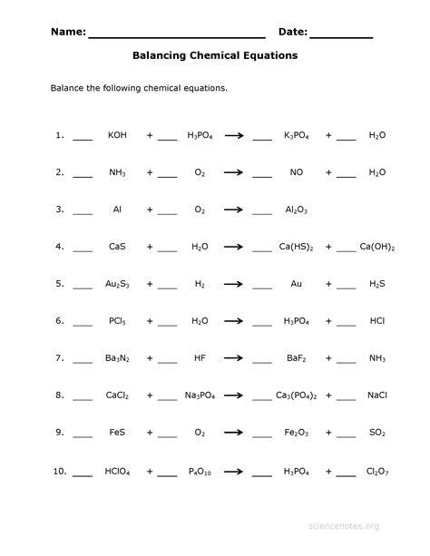 balancing chemical equation practice worksheet
