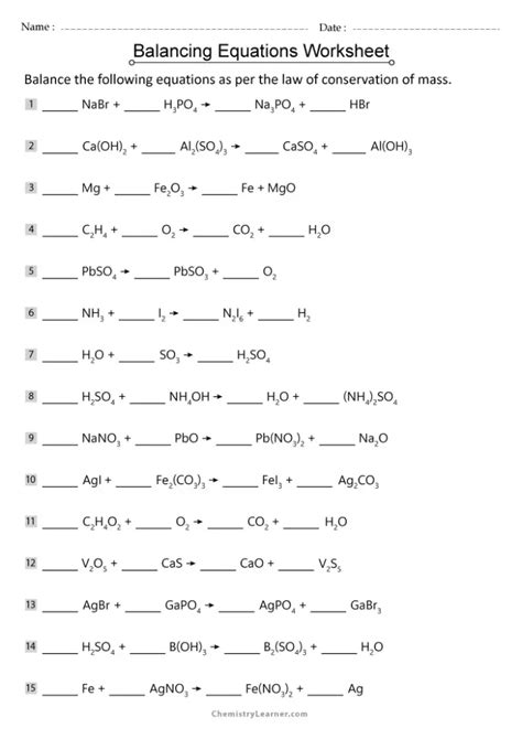 Balancing Equations Worksheet Printable