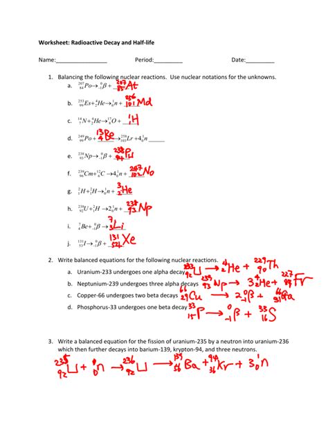 balancing nuclear equations worksheet answers