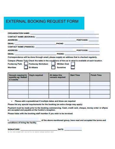 band booking request form template