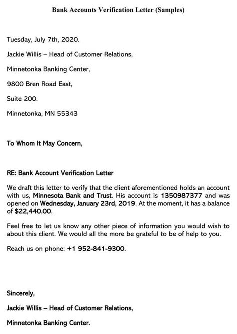 bank account verification letter bank account