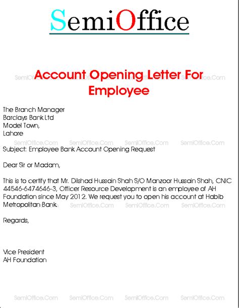 Letter of Thanks for Opening Bank Account