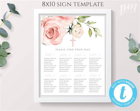 Pink Floral Baptism Seating Chart Template, Editable Pink Floral