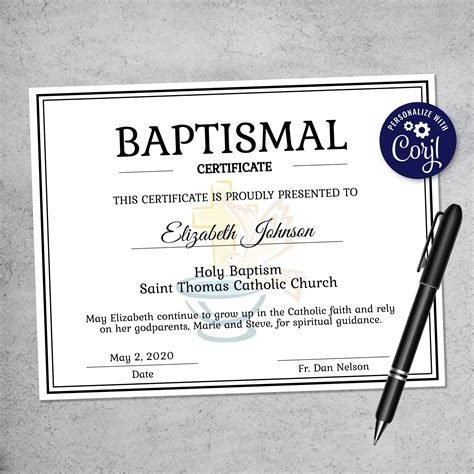 Customized Baptism Certificate with Gold Foil Leafing Border (Baby