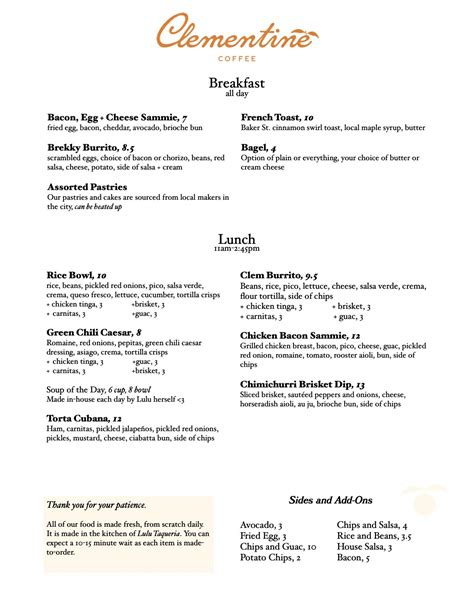 Bar Clementine Menu