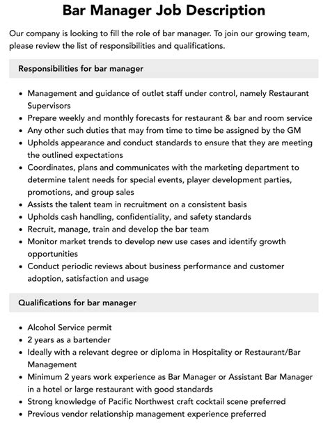 Bar Manager Job Function