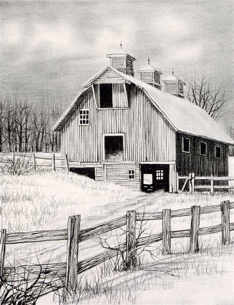 Pencil Sketches of Old Barns. Drawings of Old Barns. Note Etsy