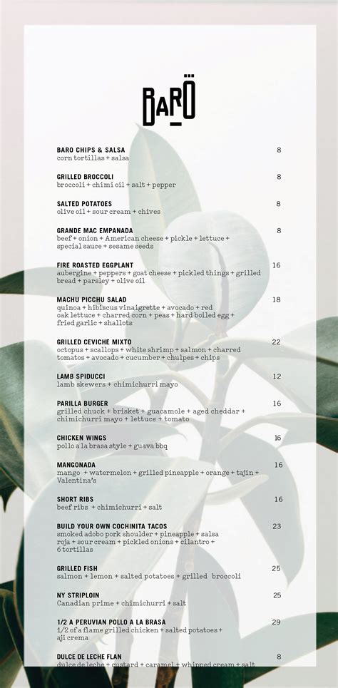 Baro Patio Menu
