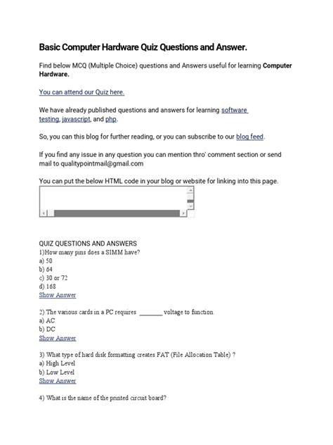 Basic Computer Hardware Quiz Questions And Answers