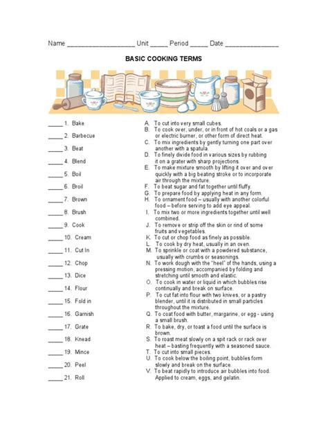basic cooking terms worksheet answers
