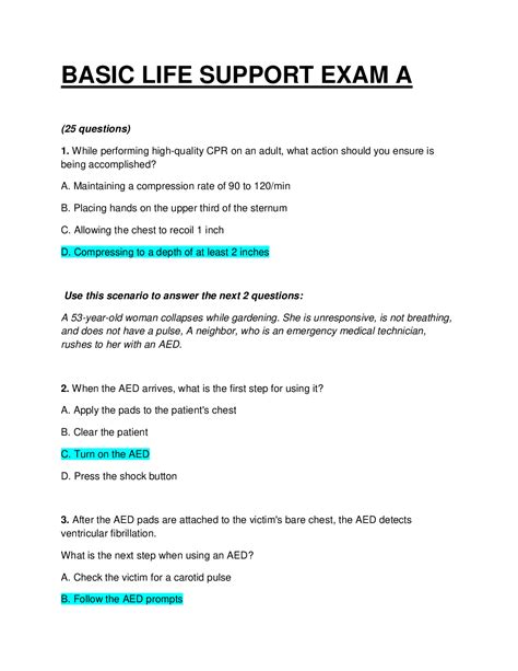 basic life support exam a answers 25 questions philippines quizlet