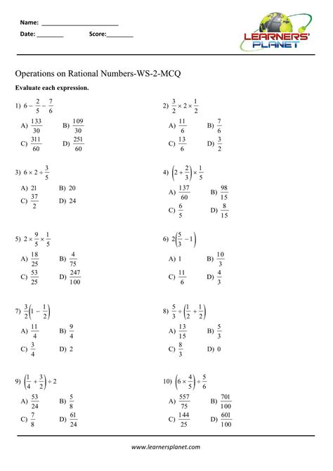 Basic Math Operations Rational Numbers Worksheet