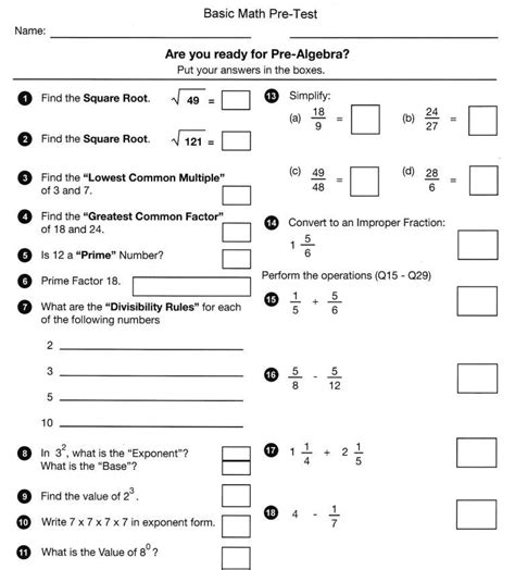 Basic Math Practice Test Worksheet