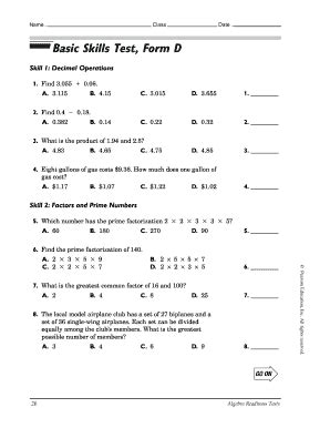Basic Math Test Worksheet Basic Skills Math Test