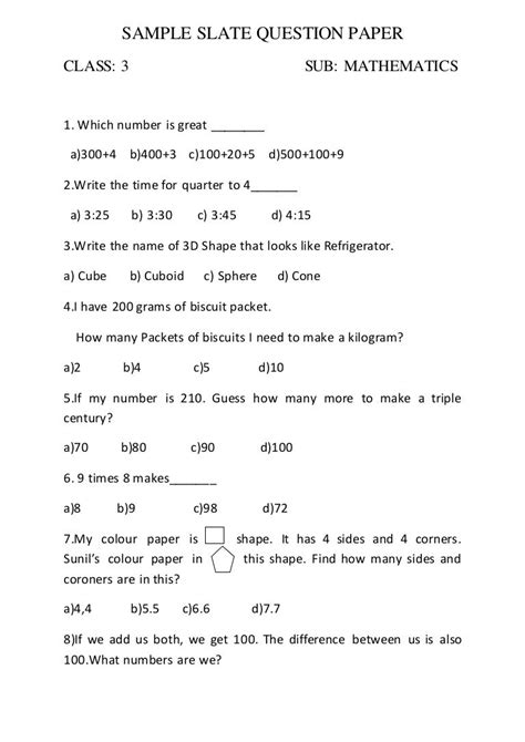 basic maths questions for class 3