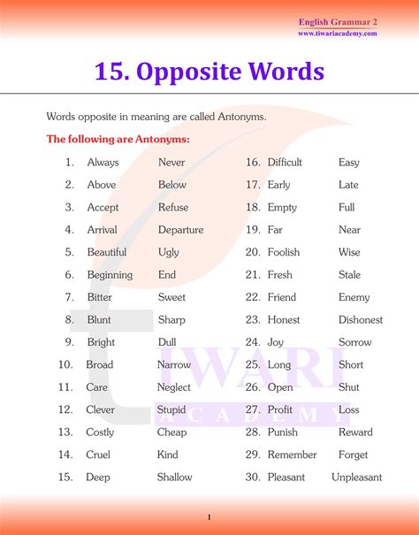 basic opposite words for class 2