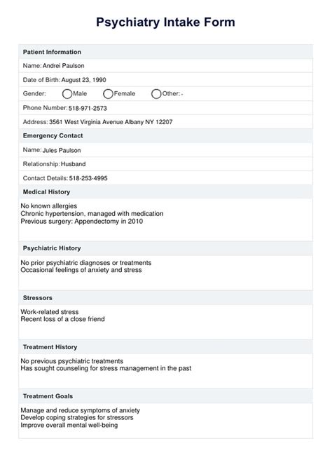 basic psychiatric intake form template