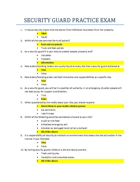 basic security guard training practice quiz