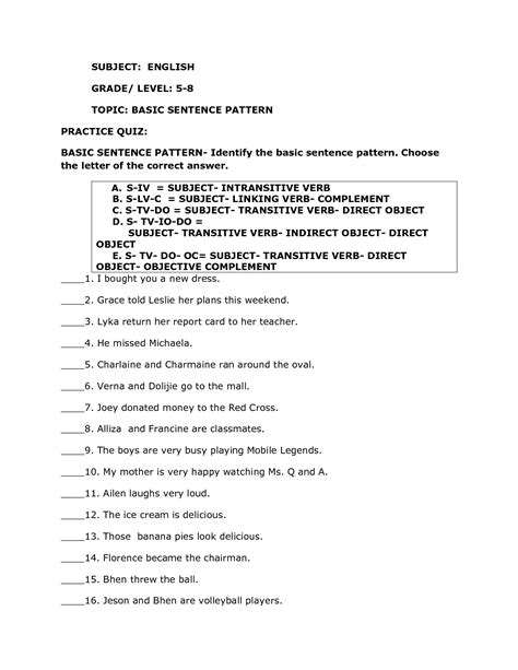 basic sentence pattern quiz