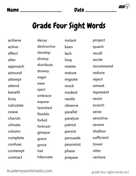basic sight words for grade 4