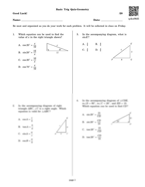 Basic Trig Quiz Geometry Answer Key