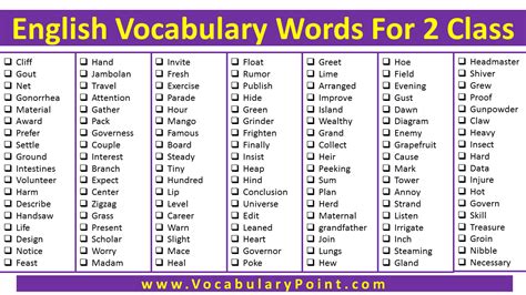 basic words in english for class 2