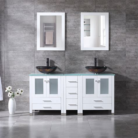 60" Double Bathroom Vanity Set with Mirror White, fanshaped Bowl