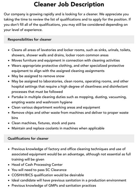 bathroom cleaner job description