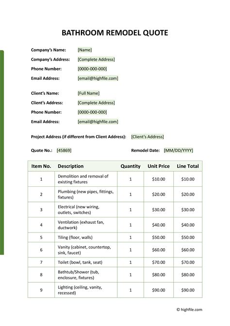 Bathroom Quotation Example