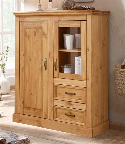 FineBuy Highboard aus massivem Holz mit geräumigen Ablagefächern