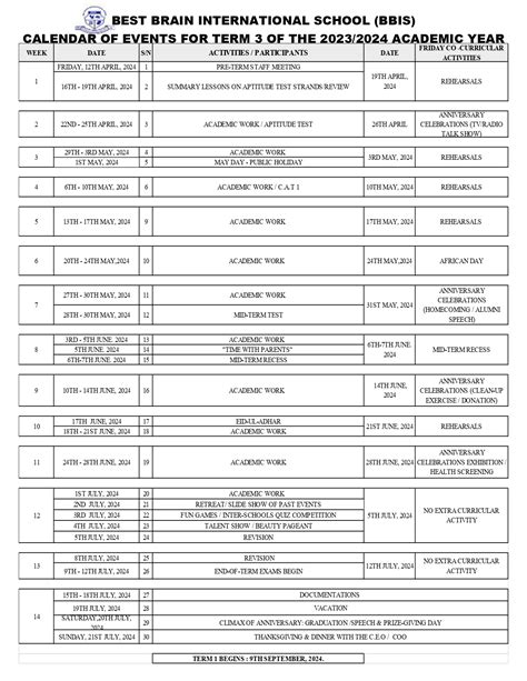 Bbis Calendar 2024-25