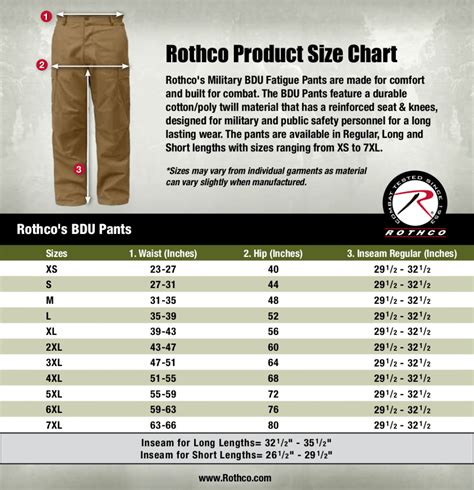 bdu pants size chart