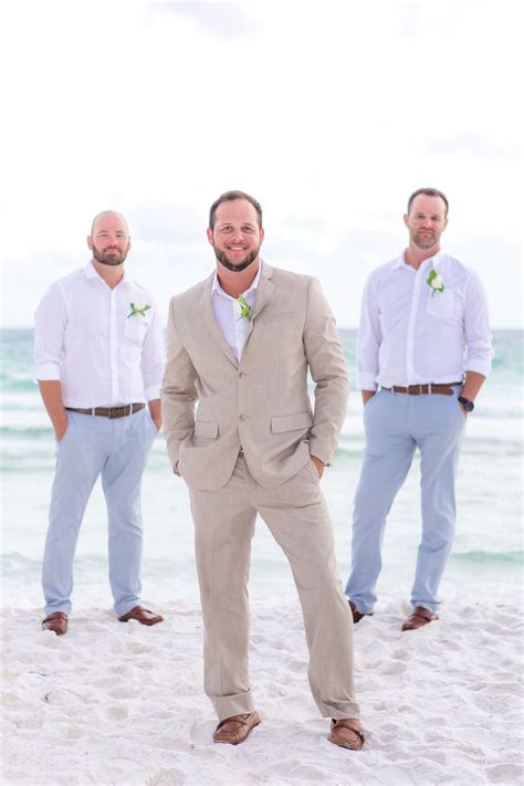 Beach Wedding Style. Tropical Wedding Groom Attire. Tan Wedding Suit