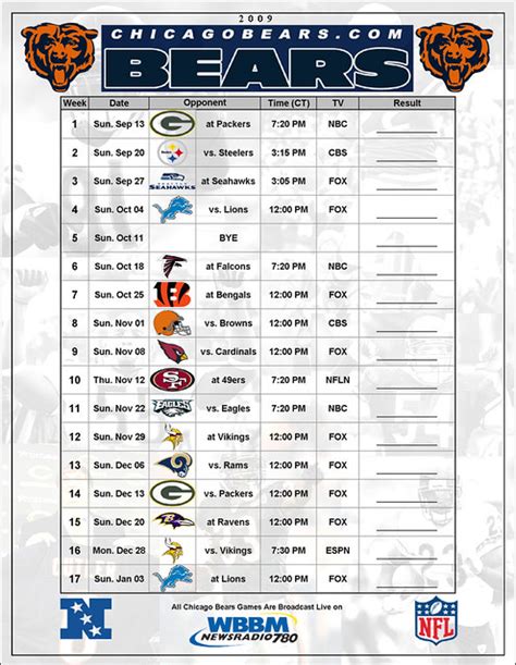 bears football schedule 2009