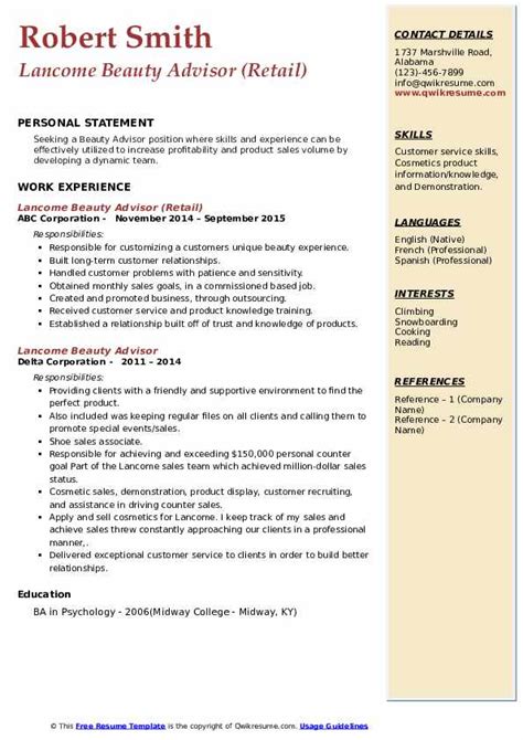 beauty advisor objective resume