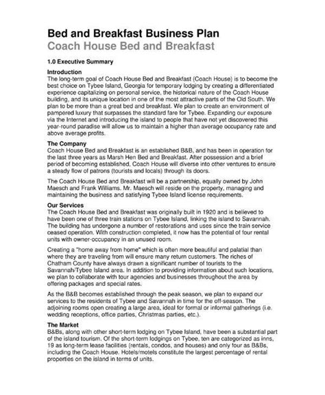bed and breakfast business plan template