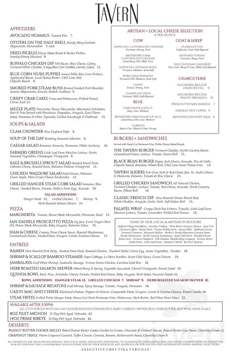 bedford village inn restaurant menu