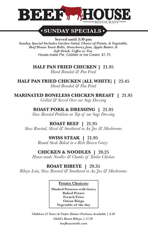 Beef House Sunday Menu