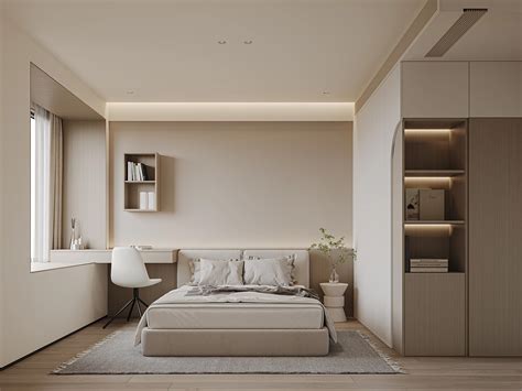 Beige bedroom with natural and artificial lighting