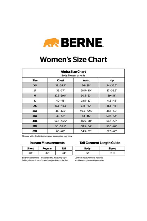 Berne Sizing Chart
